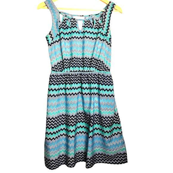 LOVE, FIRE Blue & Teal Chevron Zig Zag Midi Dress, Size S - Picture 8 of 8